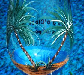 is is 5 o clock somewhere isn t it, crafts, this glass is hand painted with palm tress blowing in the breeze on a sandy beach with aqua blue water