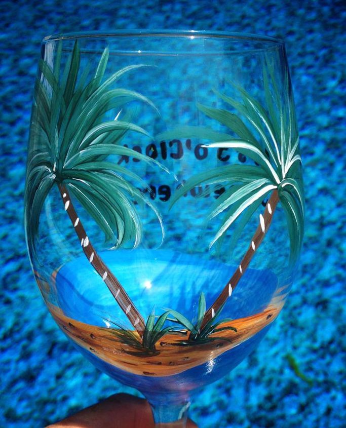 is is 5 o clock somewhere isn t it, crafts, this glass is hand painted with palm tress blowing in the breeze on a sandy beach with aqua blue water