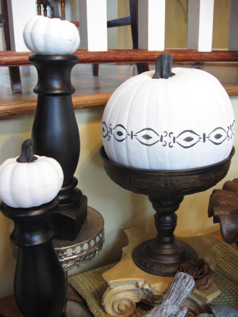 white painted pumpkins for fall, crafts, seasonal holiday decor, Vignette on the foyer table