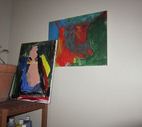 quick art ideas to fill large wall space, home decor, Acrylic on canvas painted by 7 year old hanging in the art studio