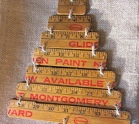 yardstick christmas tree, christmas decorations, crafts, repurposing upcycling, seasonal holiday decor, I sanded the edges rounded the corners and stained the pieces I also added a sparkle glaze I used jute to join the yardstick pieces
