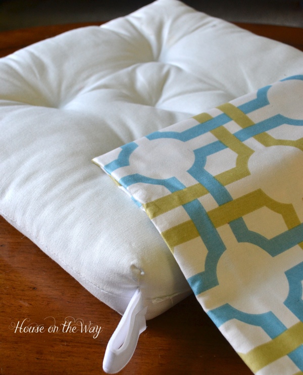 diy pom pom chair cushion, crafts, painted furniture, An IKEA seat cushion and Groovy Grille Waverly fabric