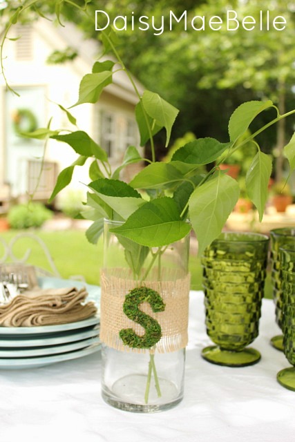 4 ways to decorate a plain vase for a garden party, crafts, outdoor living, Cut an initial out of sheet moss and attach to burlap ribbon