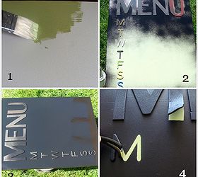 easy canvas chalkboard menu, chalkboard paint, crafts, It s a simple 2 color paint process paint the first color apply stickers spray the black paint and let dry