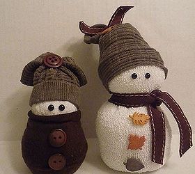 sock snowmen or snow babies as i like to call them, These two are made entirely of beans It makes them really heavy but they won t fall over I used fall colors for them They really can be left out all season