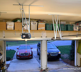 how to organize christmas decor, garage doors, garages, organizing, shelving ideas, An added shelf above the garage doors holds all of the boxes