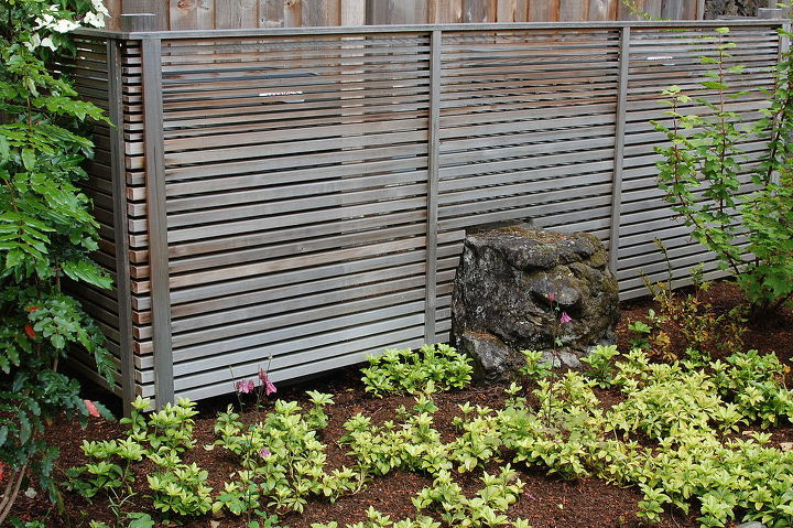 cedar fence and moss covered boulder, fences, Cedar screen fence in Lake Oswego Oregon by Ross NW Watergardens