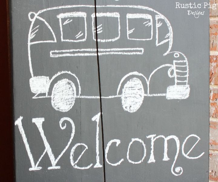 ironing board chalkboard welcome sign, chalkboard paint, crafts, repurposing upcycling, seasonal holiday decor, I copied a bus from some clip art I found