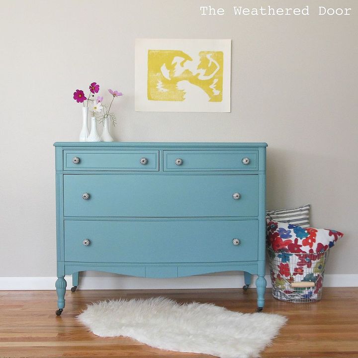 a bayside dresser with black and white knobs, painted furniture, a bayside blue dresser with black and white