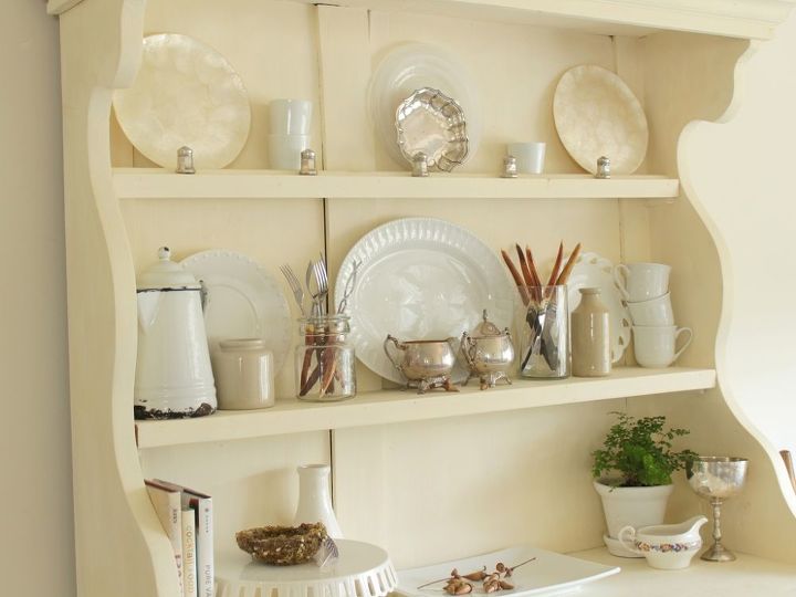 neutral fall decor, seasonal holiday decor, White beige and silver are the base for my hutch