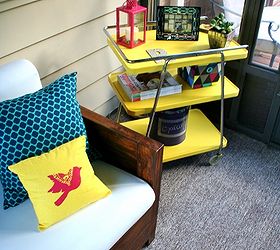 styling a dual purpose cart, painted furniture, repurposing upcycling, The yellow cart ties in with stenciled yellow pillow