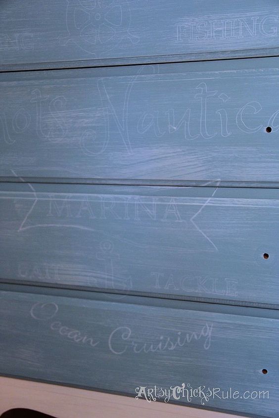 coastal themed thrift store dresser graphics annie sloan chalk paint, chalk paint, painted furniture, painting, Graphic transferred to the front of the dresser with a white water color pencil to be painted in with White Chalk Paint