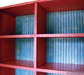 custom bookcase with vintage lockers and baskets, painted furniture, storage ideas, Some detail of the distressed treatment of the backing plywood board GadgetSponge com