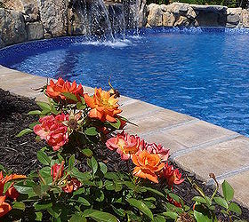 raised patios flower beds and waterfall make backyard appear larger, decks, flowers, gardening, outdoor living, patio, perennial, ponds water features, pool designs, Landscape Design