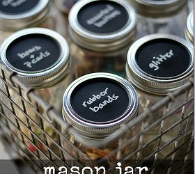 mason jar craft storage, chalkboard paint, cleaning tips, crafts, mason jars, The lids were painted with chalkboard paint once dry each jar was labeled using a chalk paint pen