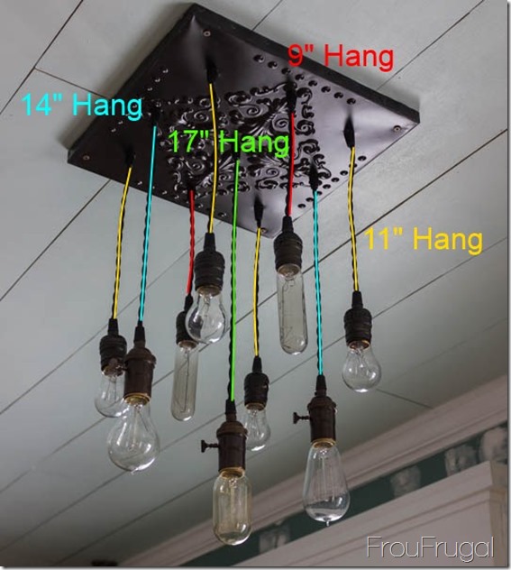 how to make a bare edison bulb chandelier, diy, home decor, kitchen design, lighting, Final lengths of my varying sockets My ceilings are only 7 5 tall and this light hangs over my stove area