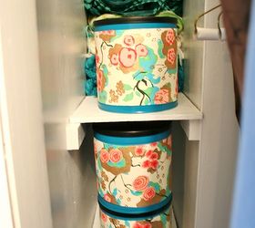 closet makeover with upcycled organization, closet, organizing, repurposing upcycling, Upcycle coffee tins with spray paint and paper for a beautiful storage container