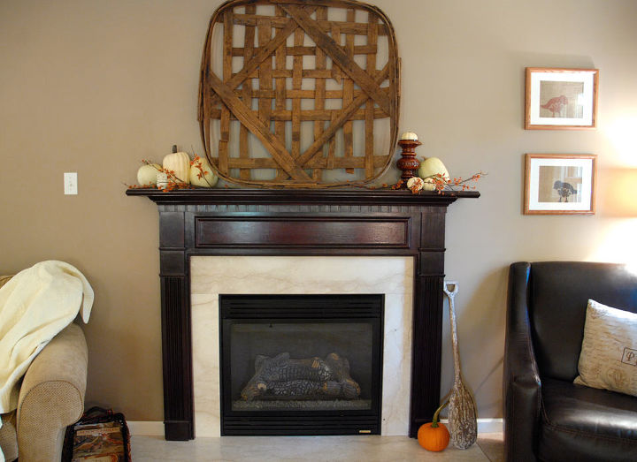 simple white fall mantel, living room ideas, seasonal holiday decor, The tobacco basket has made an appearance yet again