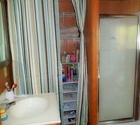 bathroom before after hiding unsightly water heater, bathroom ideas, diy, home decor, hvac, urban living, After adding curtain panels and a floor shelving system What a difference