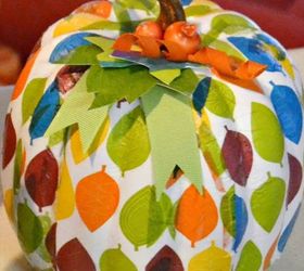 pumpkins decoupaged with decorative napkins, seasonal holiday decor, Leafy pattern pumpkin