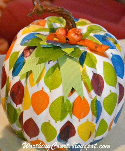 pumpkins decoupaged with decorative napkins, seasonal holiday decor, Leafy pattern pumpkin