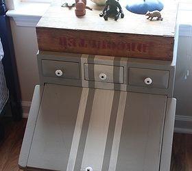 grainsack striped potato bin turned bedside table, painted furniture, repurposing upcycling, After a coat of paint and a grainsack stripe Love how the same knobs look so different with a new coat of paint