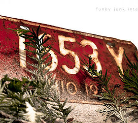 decking the halls on a horse gate headboard, bedroom ideas, christmas decorations, seasonal holiday decor, Even a cheerful red license plate plays along The works got lightly dusted with snow spray