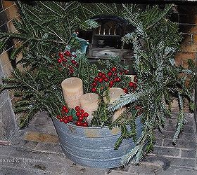 christmas vignettes, fireplaces mantels, seasonal holiday d cor, Even the inside of the fireplace needs to be nice Galvanized metal greens candles and berries