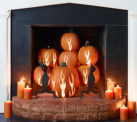 pumpkin carving ideas inspiration, seasonal holiday d cor, thanksgiving decorations, Before the weather gets too chilly fill your fireplace with flame carved pumpkins for a beautiful display