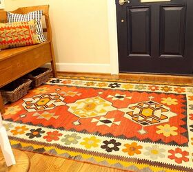 a different rug adds a pop of color to a small space, flooring, foyer, home decor, window treatments, It is just the right size and we are crazy about the new look