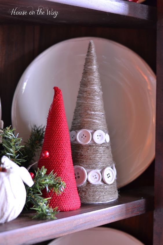 diy set of 5 cone christmas trees, christmas decorations, crafts, seasonal holiday decor, A simple red burlap and a mix of twine and buttons
