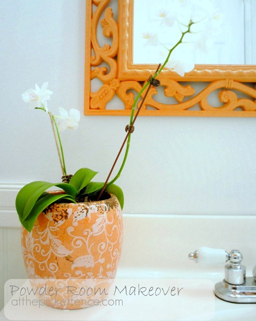 my tangerine ceiling a powder room makeover with a pop of color, bathroom ideas, home decor, Tangerine mirror anyone I painted over an old mirror with this fresh color for a whole new look