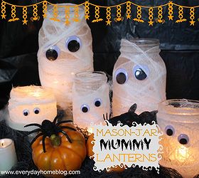 mason jar mummy lanterns, crafts, halloween decorations, mason jars, seasonal holiday decor, Mason Jar and smaller jars are the perfect size for this family of Mummy Lanterns