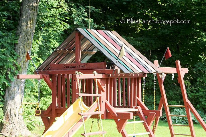replace playground canopy with a wood roof, diy, home maintenance repairs, how to, outdoor furniture, outdoor living, roofing, woodworking projects, The finished top complete with flags made from old leather furniture samples