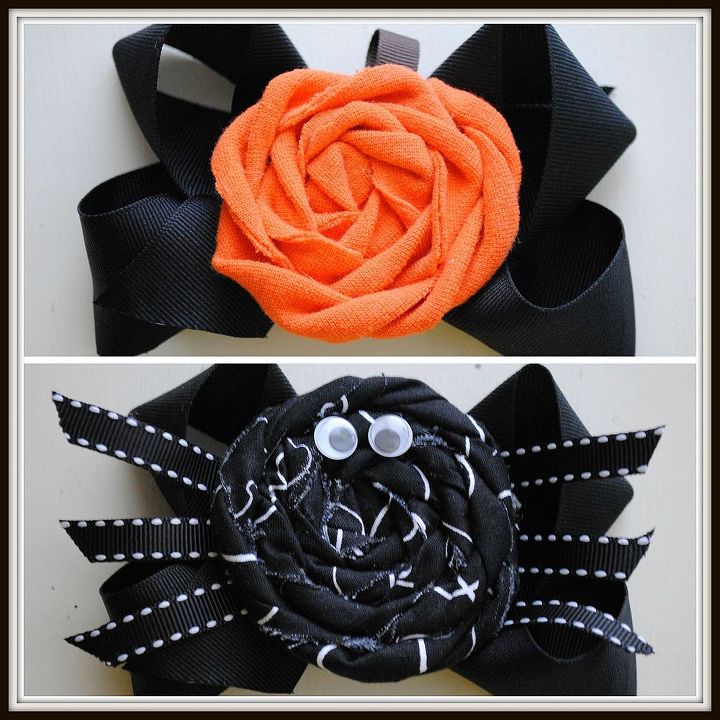 pumpkin rolled fabric rosette, crafts, Here they are attached to bows for a festive touch