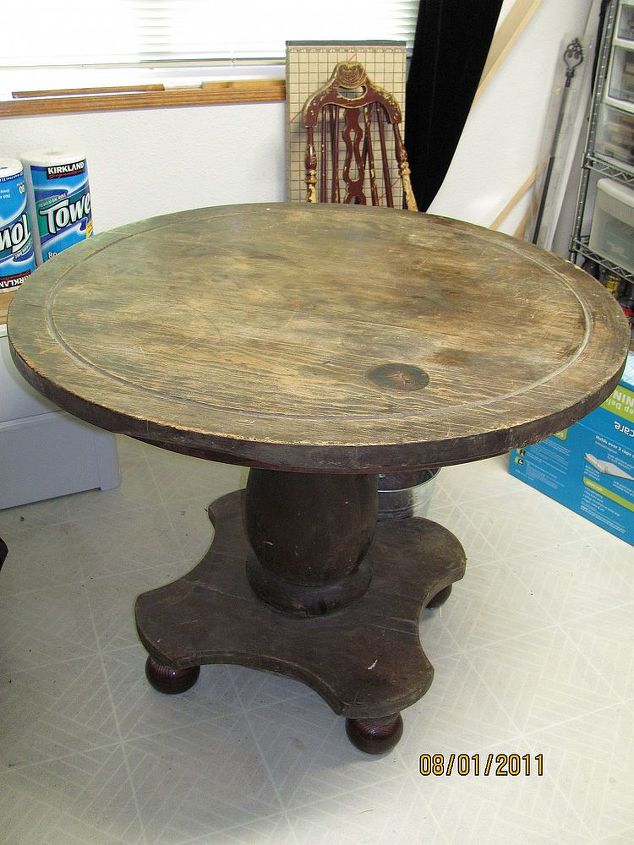 refinished table with patina, painted furniture, The finish on this table was soft and sticky The table itself was also short I added bun feet purchased online and used a stripper that wouldn t harm the patina or raise the grain