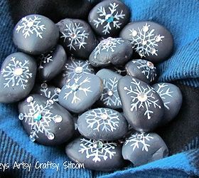 painted snowflake stones with bling, crafts, painted snowflake stones with bling