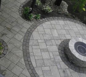 techo bloc blu 60 with villagio banding gas firepit and aquabasin make for a, Circle was offset and a double band of Villagio onyx black pavers added for a little contrast