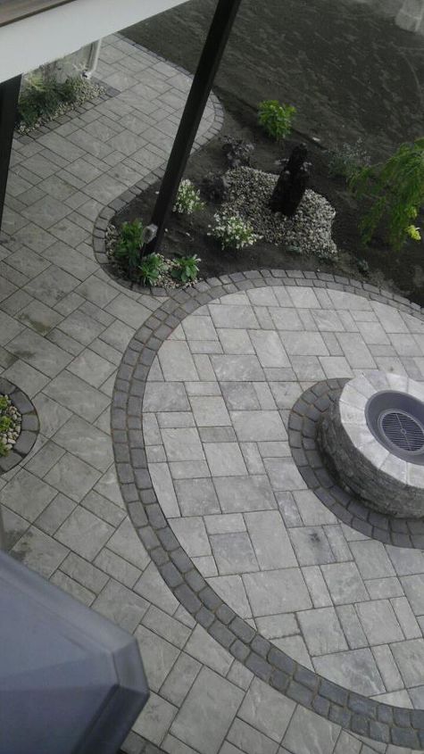 techo bloc blu 60 with villagio banding gas firepit and aquabasin make for a, Circle was offset and a double band of Villagio onyx black pavers added for a little contrast