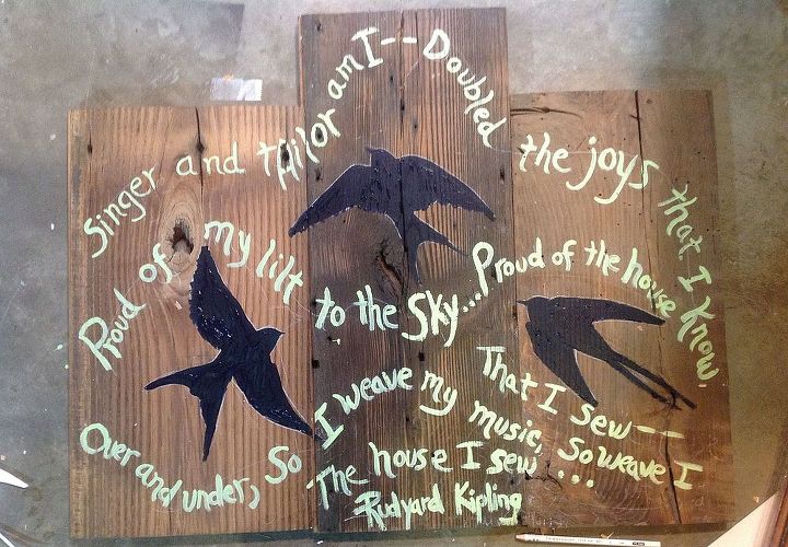 barn swallows and verse on reclaimed wood, crafts, woodworking projects, Planned and painted placement of elements of my composition Birds and verse This was challenging but made easier by using chalk to test the placement first