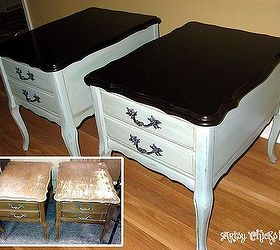 a few of my recent furniture transformations before afters, chalk paint, painted furniture, Old thrift store nightstands end tables 15 for the pair Completely sanded and refinished the tops painted base with 2 paint technique