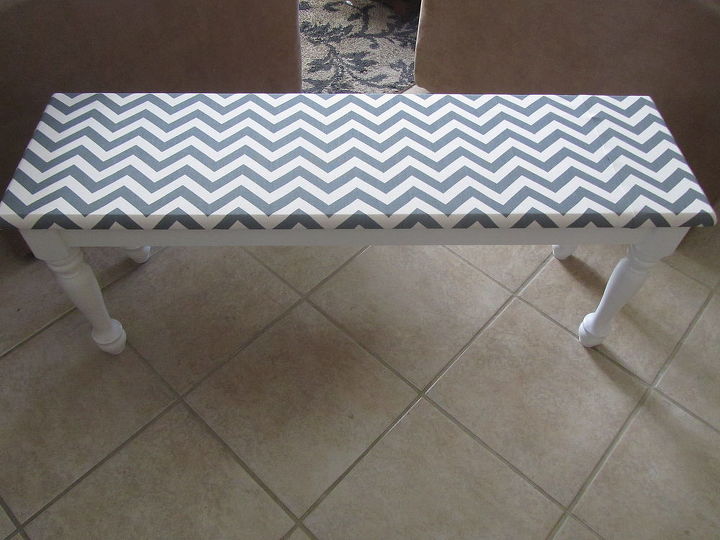 revamped old chairs with white paint and chevron patterned fabric, painted furniture, reupholster, Had an old bench that needed same tlc as the chairs