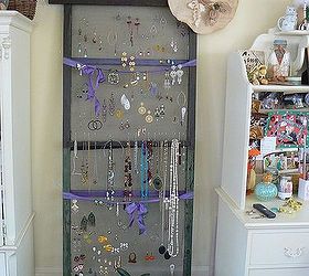 an old screen presents a unique opportunity to repurpose, repurposing upcycling, Hang earrings and necklaces on an old screen door