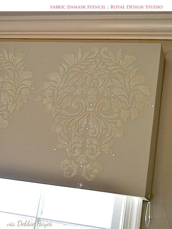stenciling stylish diy window treatments, diy, home decor, how to, living room ideas, painting, window treatments, windows, Fabric Damask Stencil on cornice for living room