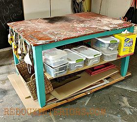 organize your garage using reclaimed and upcycled items, garages, organizing, repurposing upcycling, This is originally a dining table purchased for 5 I added a the base wheels and shelving with scrap wood Nails in the ends provide places for my brushes Now I have a moveable work station
