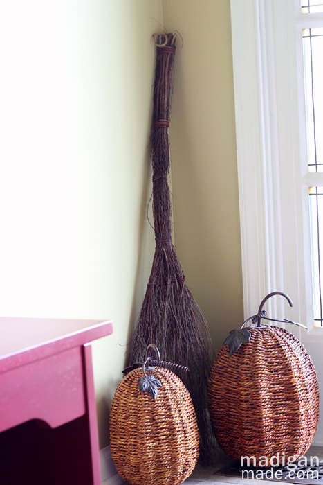 simple handmade fall decor ideas, crafts, halloween decorations, seasonal holiday decor, A simple broom and wicker pumpkins welcome you in the entry