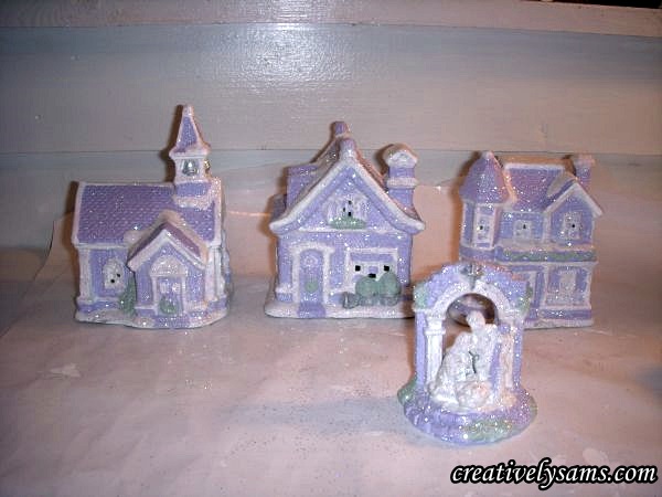 shabby chic lilac village, christmas decorations, crafts, decoupage, painting, seasonal holiday decor, shabby chic, Glittered pieces finished