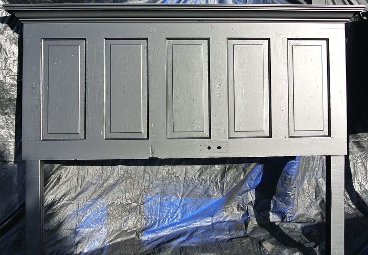 satin black 5 panel door headboard distressed and finished looks, bedroom ideas, painting, 90 year old door made for a king size bed