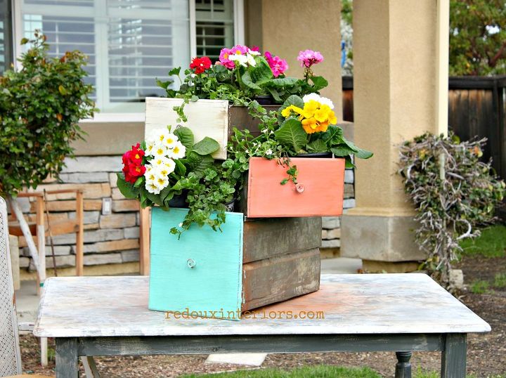 repurpose old drawers into planters, flowers, gardening, repurposing upcycling, Painted in CeCe Caldwells Santa Fe Turquoise Kailua Coral and Vintage White There are endless ways to use metal drawers for planters