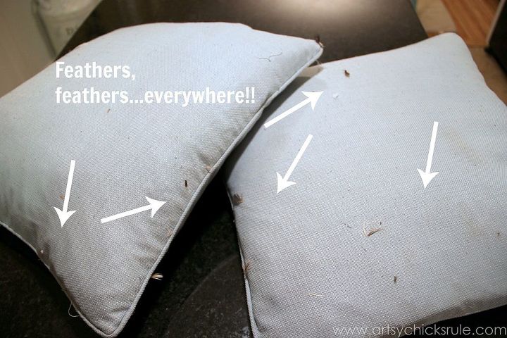 feather pillow fail and a simple no sew fix, crafts, home decor, living room ideas, Feathers were EVERYWHERE every single day
